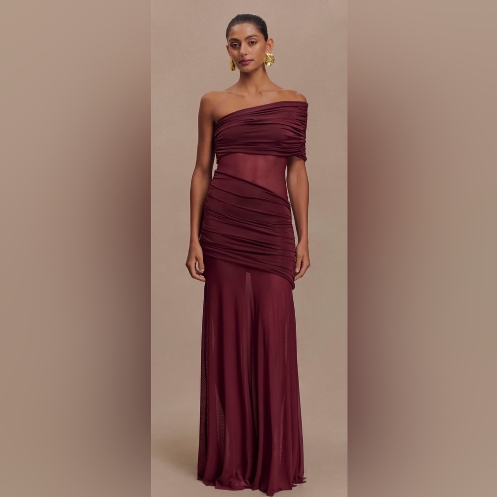 Meshki One-Shoulder Burgundy Ruched Mesh Gown